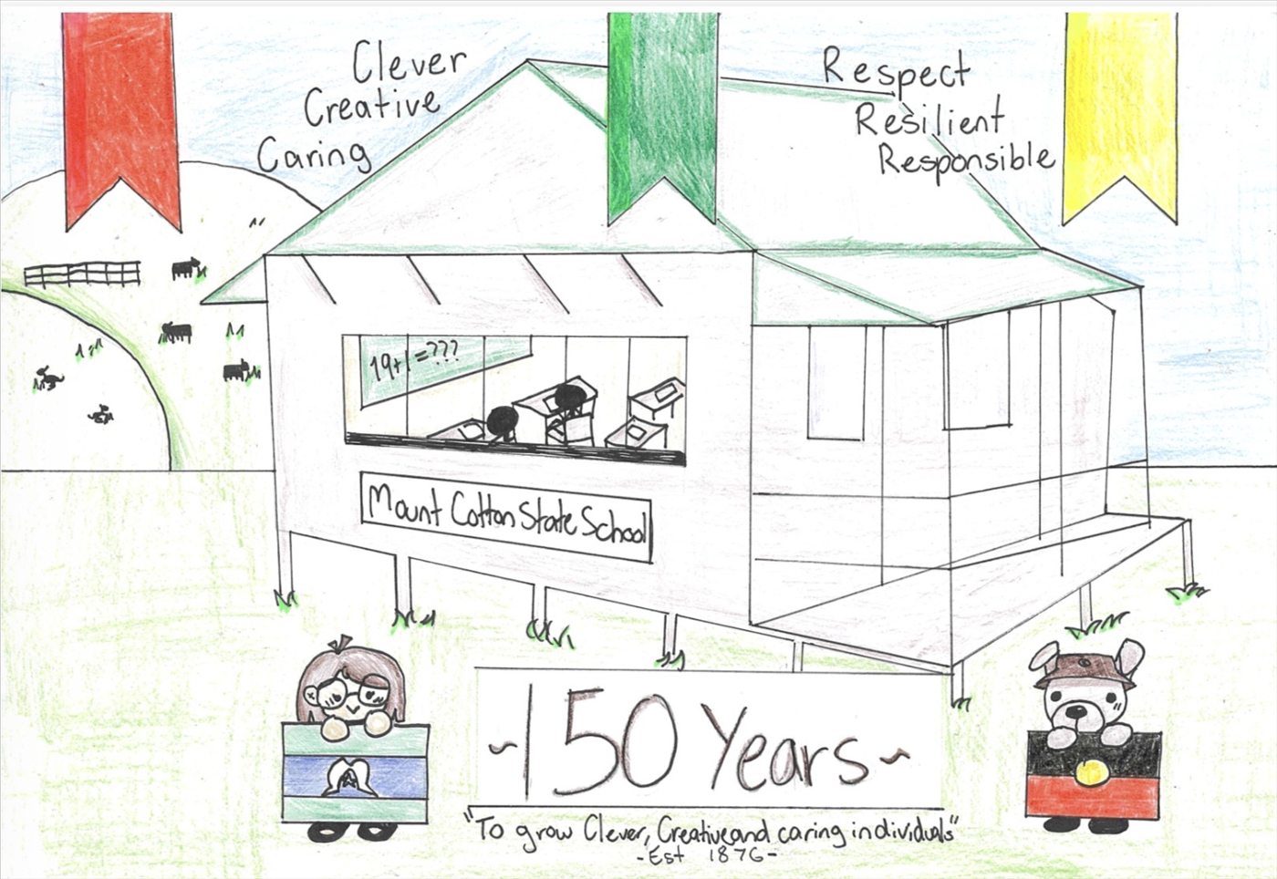 Averie's pencil drawing of the Mount Cotton State School building on stilts, with rolling hills, cows, the school values and a '150 Years' banner