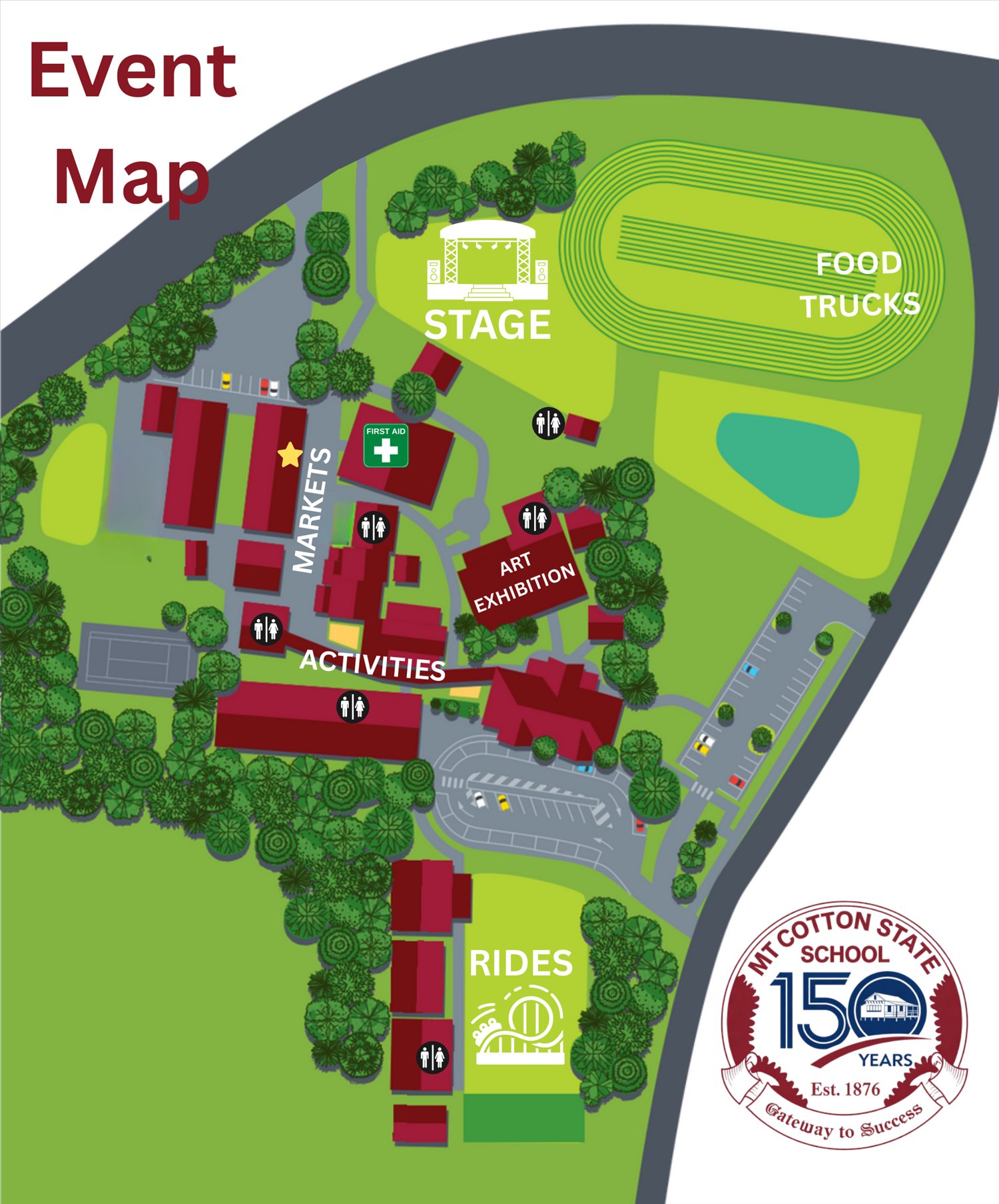 Illustrated site map of Mount Cotton State School. The main stage and food trucks are on the bottom oval by the running track, the markets are outside B Block, the art exhibition is in the school hall, activity stalls are in the Prep precinct and rides are on the top oval. The P&C stall and lost child meeting point is near the tuck shop, first aid is in the library, and toilets are marked in six locations.