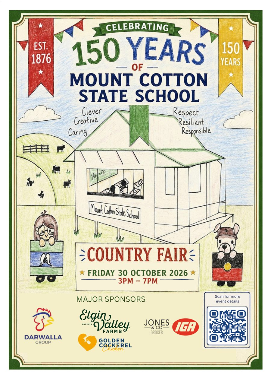 The official Country Fair poster based on Averie's drawing, showing the major sponsors Darwalla Group, Elgin Valley Farms and Golden Cockerel, and Jones & Co IGA